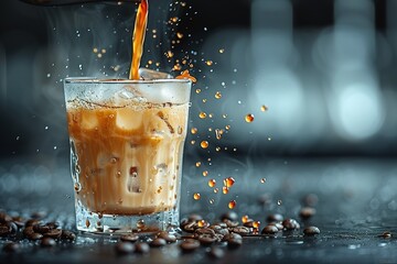 A photo of an iced coffee being poured from one white pot into the glass, with a dark background