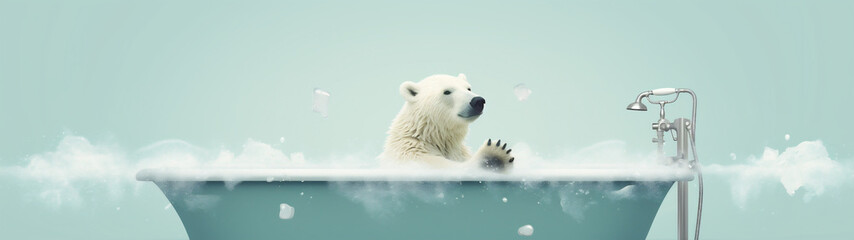 Polar bear taking a bath in a bathtub with a retro style. Environmental concept. Generative AI.