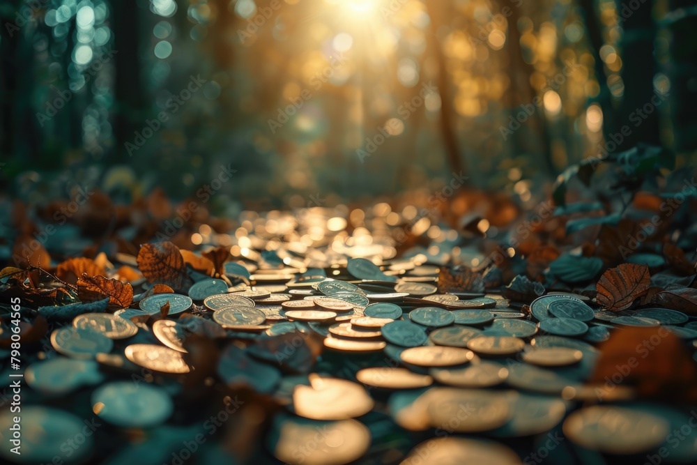Poster a pile of coins resting on the forest floor. suitable for financial and nature concepts