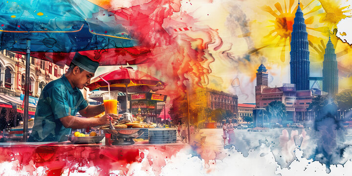 Malaysian Flag with a Teh Tarik Vendor and a Batu Caves Devotee - Visualize the Malaysian flag with a Teh Tarik vendor representing Malaysia's tea culture and a Batu Caves devotee