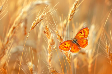 A stunning orange butterfly perches on golden meadow grass against an abstract, natural backdrop....