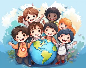 Children from around the world, all abilities represented, cheerful vector for classroom decor ,  high resolution