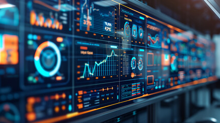 Fototapeta premium Business process control panel and data analyzing monitor with chart and diagrams on device screen. Innovation and automation concept