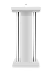 PNG, Business presentation or conference speech realistic 3d stands. White podium, tribune with microphones. Creative vector illustration of a podium tribune with microphones on a transparent backgrou