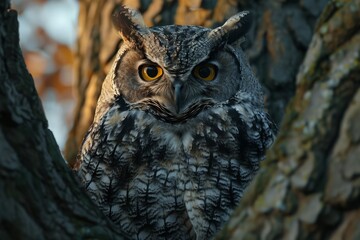 Ptilopsis leucotis, in a tree staring with large owl perched on an ancient oak tree at dusk, its eyes glowing, embodying wisdom and mystery of the forest A white faced scops owl