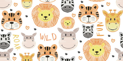 Seamless pattern of hand drawn cute animals faces illustration