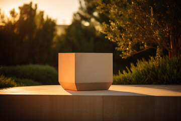 White cube platform on wooden table in grass landscape. Wood product podium in green garden, in warm light of sunset, surrounded by trees and plants for outdoor staging area