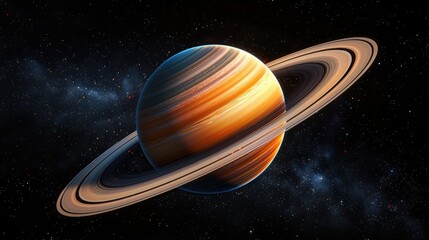 The planet Saturn with rings in outer space among the stardust. World Astronomy Day.