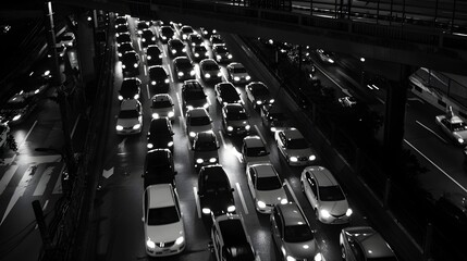 Many cars and vehicles are on a road in a rush hour traffic jam in the evening. Very bad congestion in the city. Black and white image.