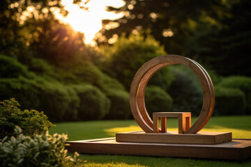 Wooden product podium in park with sunlight, trees. Wood platform in green garden, sunset light, surrounded by trees and grass for outdoor product staging area