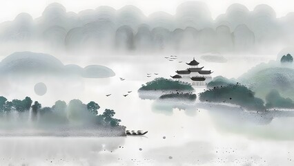 Mystical Eastern Panorama: Fog-Enshrouded Mountains, Reflective Pagoda, Silhouetted Foliage, Traditional Sampan Boat, and Flock of Birds in Flight Over Tranquil Lake