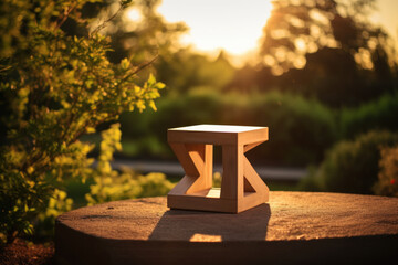Wooden cube podium on wood table, natural landscape. Empty product platform in lush green garden, in sunset light, surrounded by grass and floral elements for natural setting