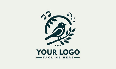 simple songbird Music logo design with using icon of singing bird and music note illustration for any business - obrazy, fototapety, plakaty