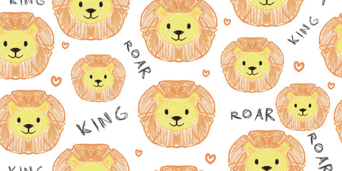 Seamless pattern of hand drawn cute lion faces illustration
