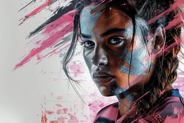 Determination in Her Eyes: Female Rugby Player Close-Up (Pink, Blue, Grunge Background)