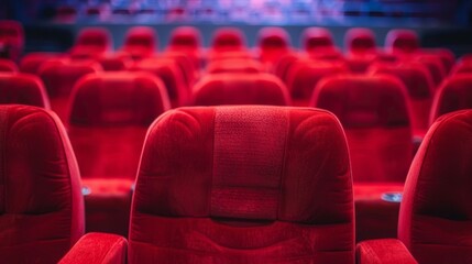 Blurred rows of comfortable cinema seats inviting viewers to take a break from reality and get lost in the world of film. .