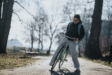 A woman with a bicycle takes a break in a serene park. The scene captures the tranquility of a solo...