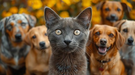 A cat posing for the camera with dogs in the background; a portrait that beautiful represents the harmonious living among different pets