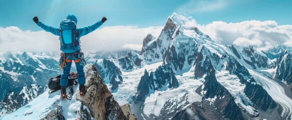 An alpinist conquering a mountain peak is captured in jubilant celebration, waving ecstatically against the backdrop of snow-capped peaks.