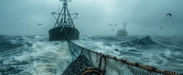 Fishing boats bravely navigating a turbulent storm at sea, with crashing waves, heavy rain, and dark, ominous clouds looming overhead, showcasing the raw power of nature.