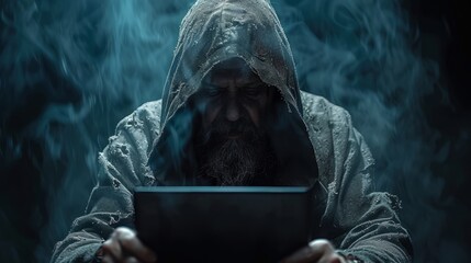 An enchanting portrayal of old and new: a hooded, bearded wizard conducting a mystical ritual with the unexpected element of a modern tablet.