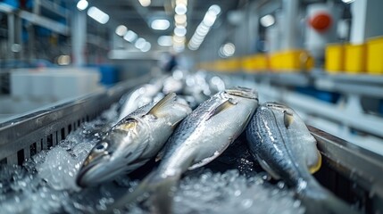 Freshly caught fish being transported on a conveyor belt in a state-of-the-art and hygienic fish processing plant, showcasing modern industrial processes for seafood production