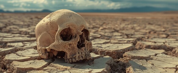 On the parched and cracked soil, a left-behind skull echoes the bitter narrative of drought and the human cost of climate extremes.