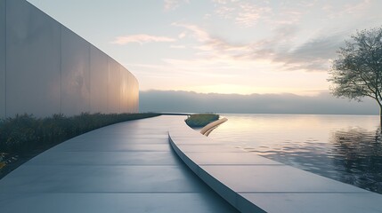 A sleek, curved walkway of polished concrete leading through a minimalist landscape - obrazy, fototapety, plakaty