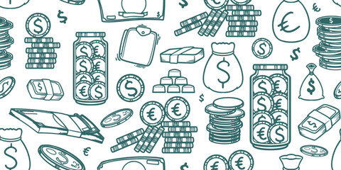 Hand drawn doodle set of dollar money in various objects illustration.