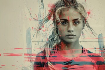 Grit and Glimmer: Close-Up Portrait of Female Rugby Player in Pink & Blue (Grunge)