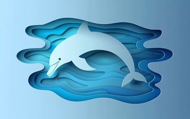 Paper cut Dolphin icon isolated on blue background. Paper art style. Vector Illustration