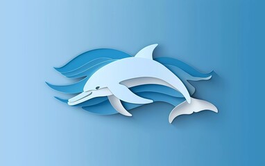 Fototapeta na wymiar Paper cut Dolphin icon isolated on blue background. Paper art style. Vector Illustration