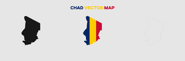Chad Map Vector Pack. Map with Flag. Gray Map Silhouette. Gray Outline Map. Editable EPS file.