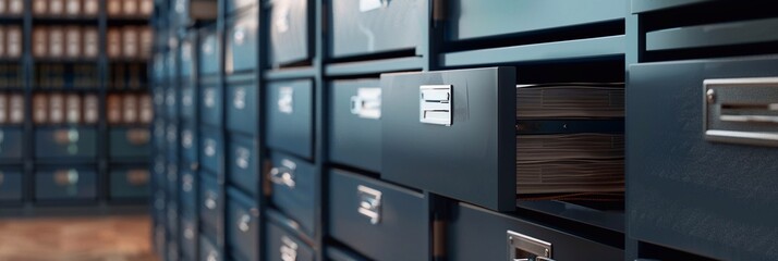 office archive storage with drawers for documents, paper data, banner