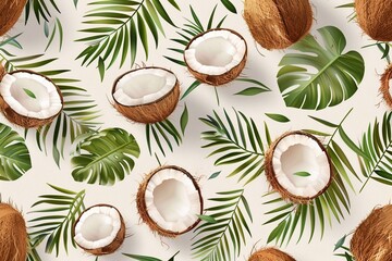 Seamless pattern with coconuts and tropical leaves. Design for clothing, bedding, underwear, pajamas, banner, textile, poster, card and scrapbook