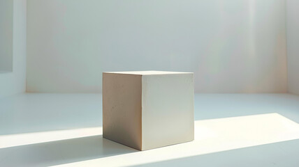 Cube in vast white space. Low angle view, minimalist abstract. High resolution. copy space