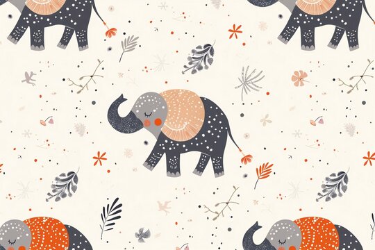 Seamless pattern with cute elephant on light background