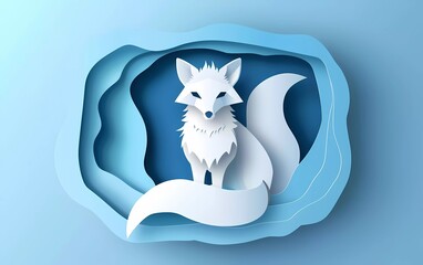 Fototapeta premium Paper cut Fox icon isolated on blue background. Paper art style. Vector Illustration