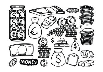 Hand drawn doodle set of dollar and euro money
