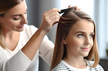 Fototapeta premium Female hairdresser doing hairstyle to girl