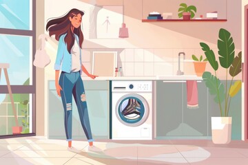 A woman standing next to a washing machine. Suitable for household and appliance concepts