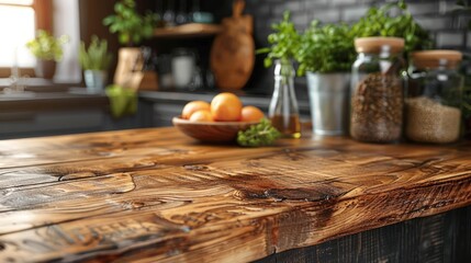 Brown natural wooden kitchen table top with copy space for product advertising over blurred dark classic kitchen background at home