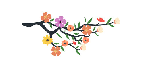 Spring flowers tree branch, blossom floral isolated on white background, garden leaves tree branch vector illustration
