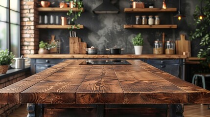 Brown natural wooden kitchen table top with copy space for product advertising over blurred dark classic kitchen background at home