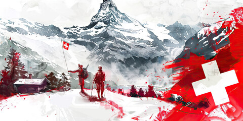 Swiss Flag with a Chocolate Maker and a Mountain Guide - Visualize the Swiss flag with a chocolate maker representing Switzerland's chocolate industry and a mountain guide  - obrazy, fototapety, plakaty