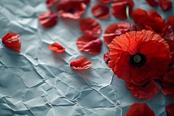 Red poppy petals scattered on a blank page, inviting reflection and personal messages