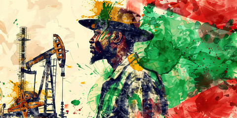 Fototapeta premium Nigerian Flag with a Nollywood Actor and a Oil Driller - Picture the Nigerian flag with a Nollywood actor representing Nigeria's film industry and an oil driller
