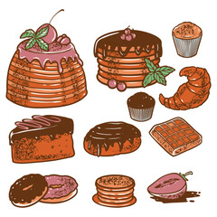 hand drawn engraving desserts set in many kinds of colorful bakery