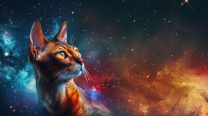 An Abyssinian cat's profile against a vibrant cosmic background, depicting starry space scene