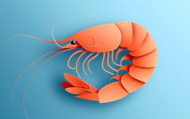 Paper cut Shrimp icon isolated on blue background. Paper art style. Vector Illustration